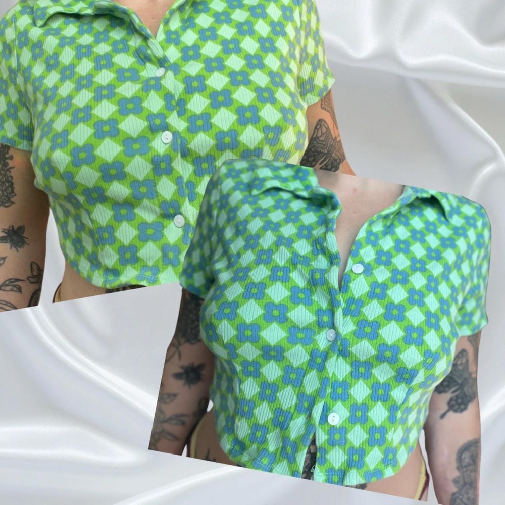 Vibrant Green Button Down Shirt with Polka Dots